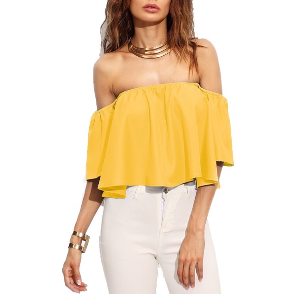 Ruffle Off Shoulder Bell Sleeve Crop Top Blouse - Picture 2 of 5